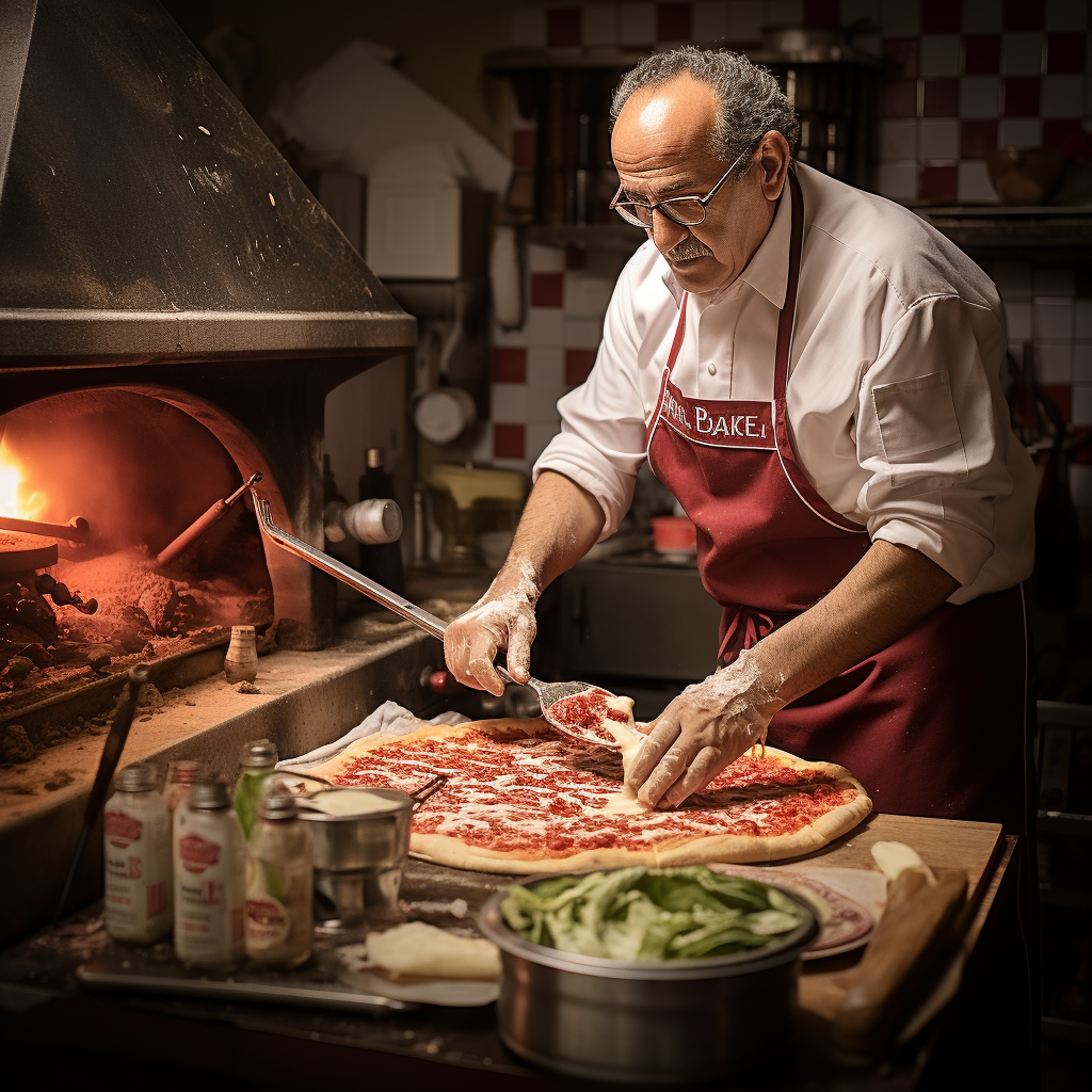 Antony Locke in action at his pizza shop, skillfully managing the oven and crafting delicious pizzas, embodying the life of a dedicated pizza chef.